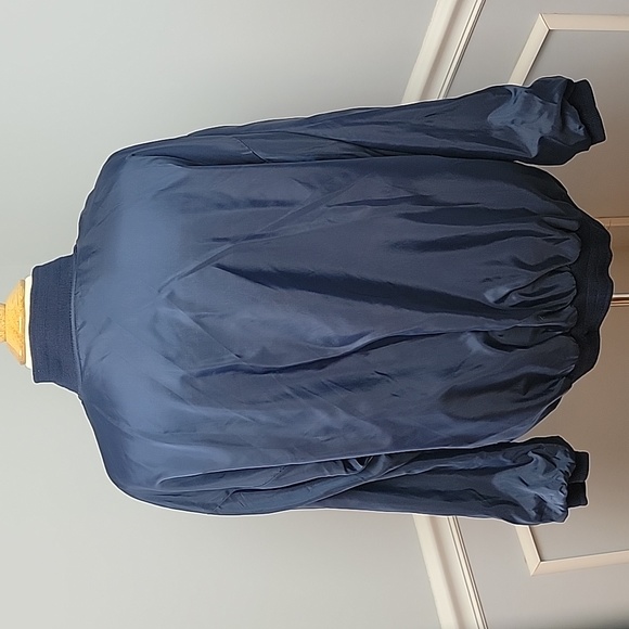 STAGECOACH Print Old Money Reversible Navy Blue Satin Zip Preppy Bomber Jacket - Picture 6 of 9